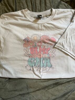 Gildan White Short Sleeve Tee with Retro Floral Peace Graphic